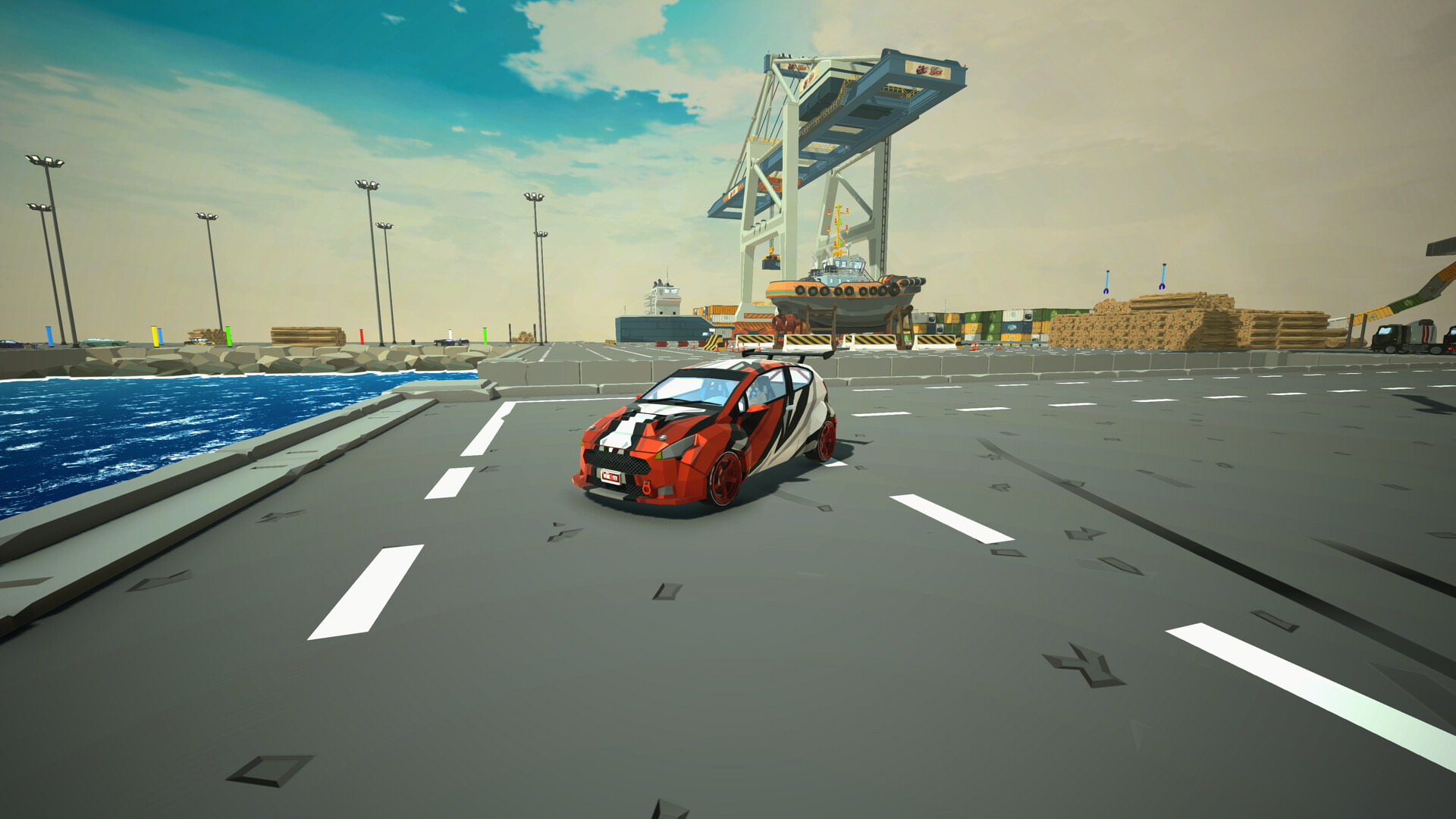 Skyline Savior: the red hatchback on a dockside road, container cranes, stacked containers and a cargo ship behind it.