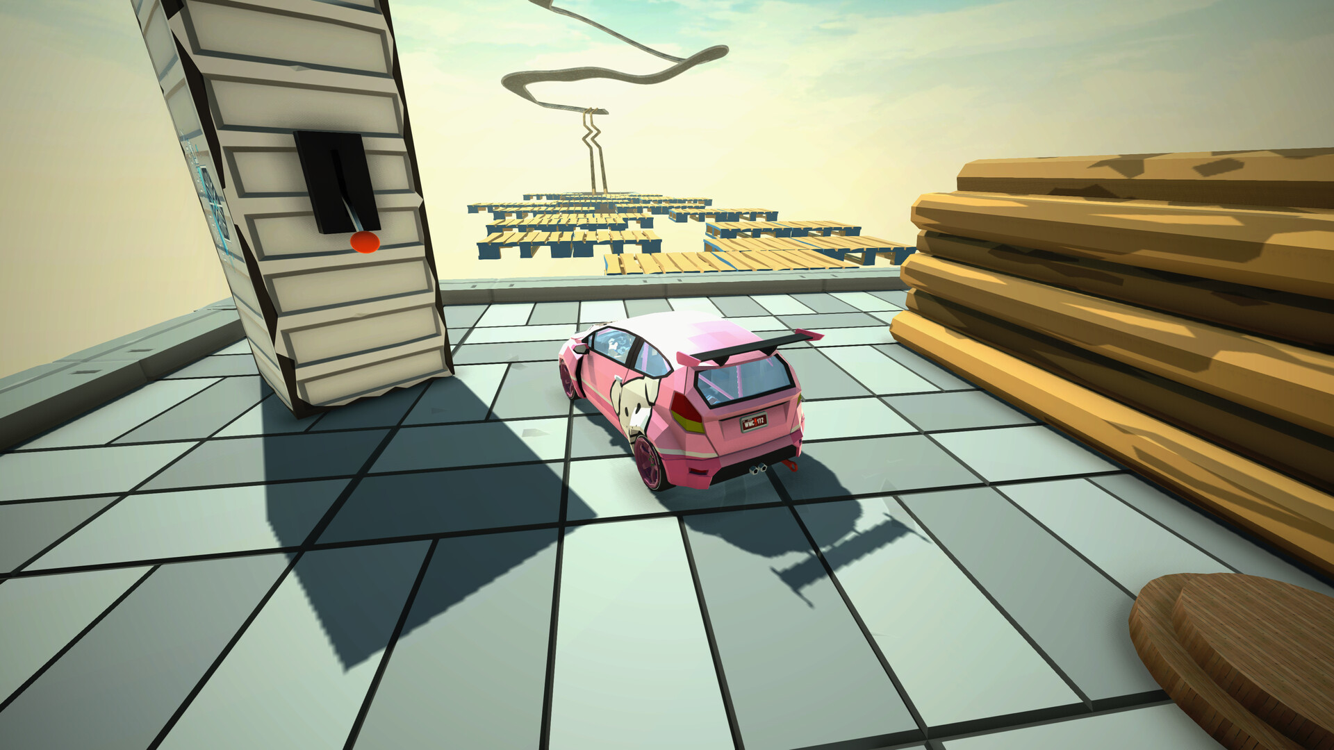 Skyline Savior: the pink hatchback on a tiled rooftop beside a toppled container, a floating platform course hanging in the haze ahead.