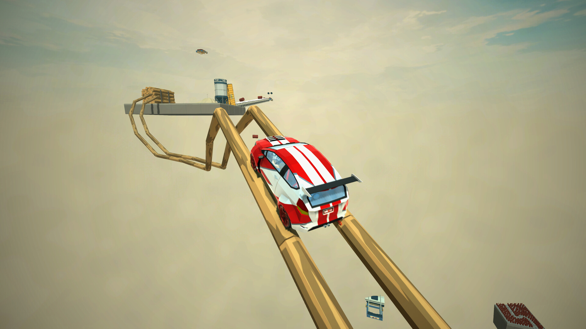 Skyline Savior: the red-and-white car climbing a pair of narrow timber beams that run up into an empty hazy sky, a distant platform ahead and nothing at all below.